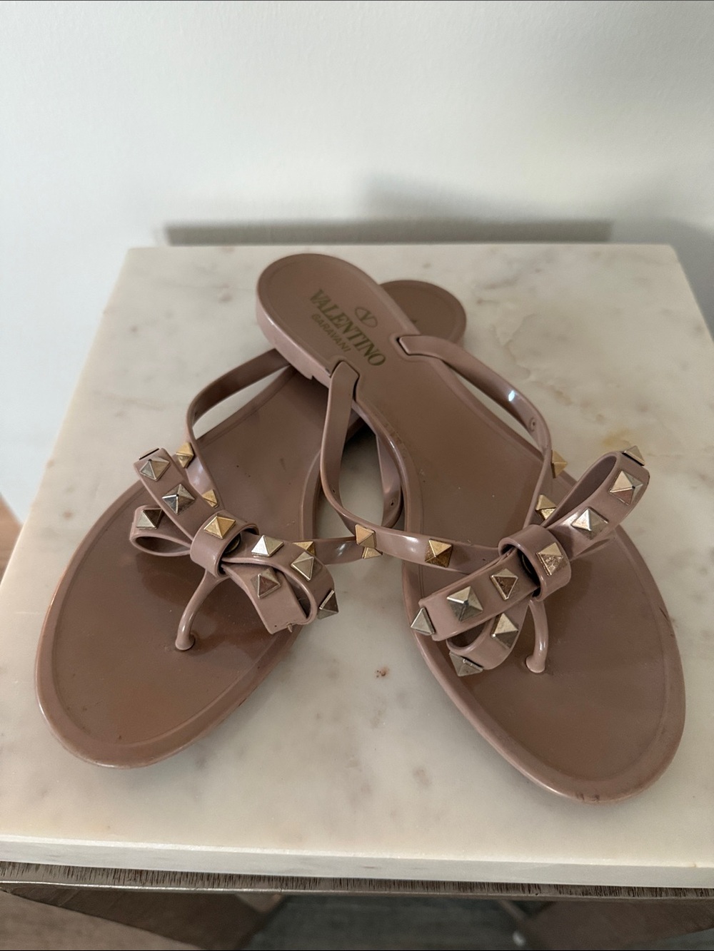 Valentino Nude Pink Bow Jelly Sandals with Metallic Studs